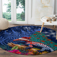 New Zealand Tuatara Christmas Round Carpet Silver Fern and Xmas Pohutukawa Tree Blue Color LT03 - Polynesian Pride