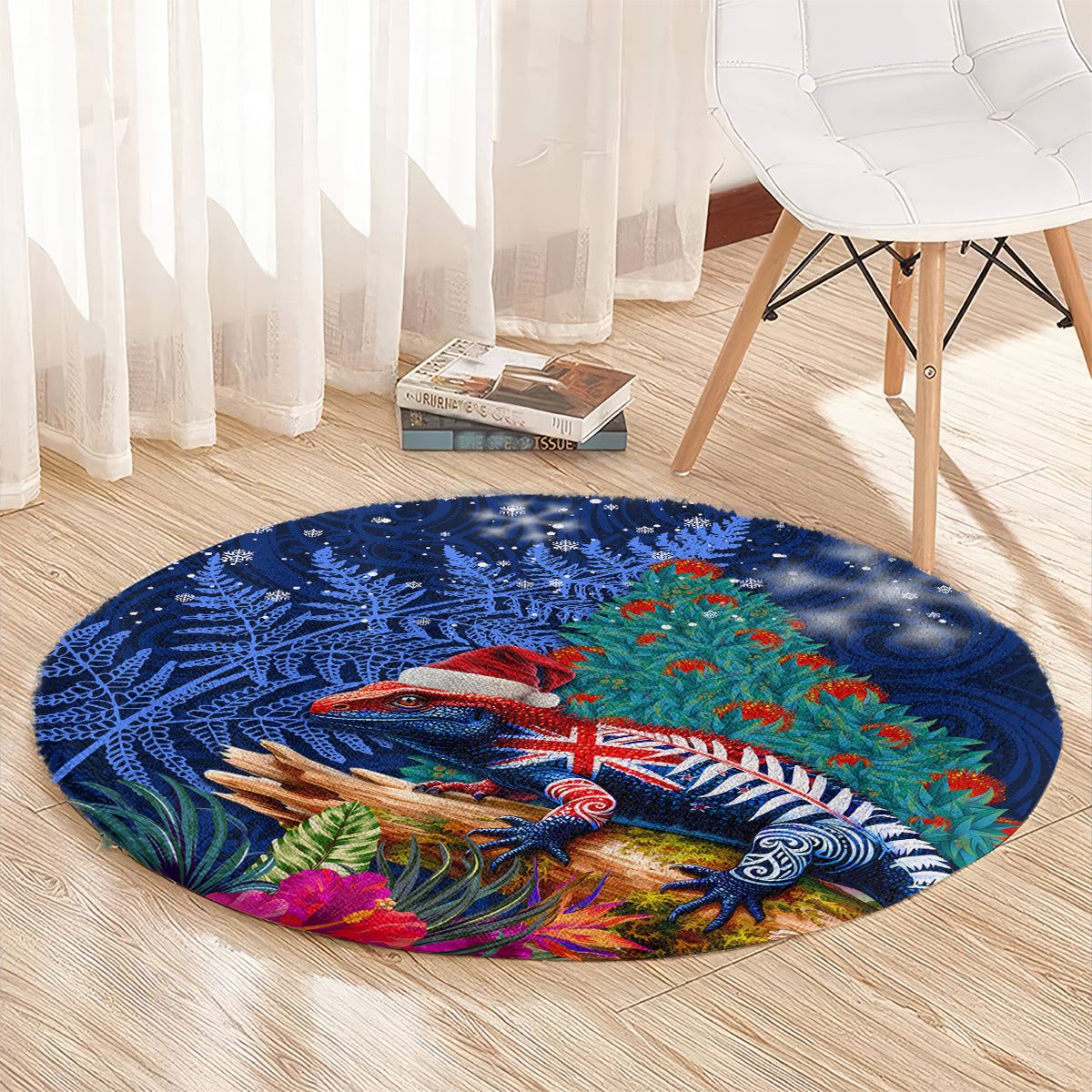 New Zealand Tuatara Christmas Round Carpet Silver Fern and Xmas Pohutukawa Tree Blue Color LT03 - Polynesian Pride