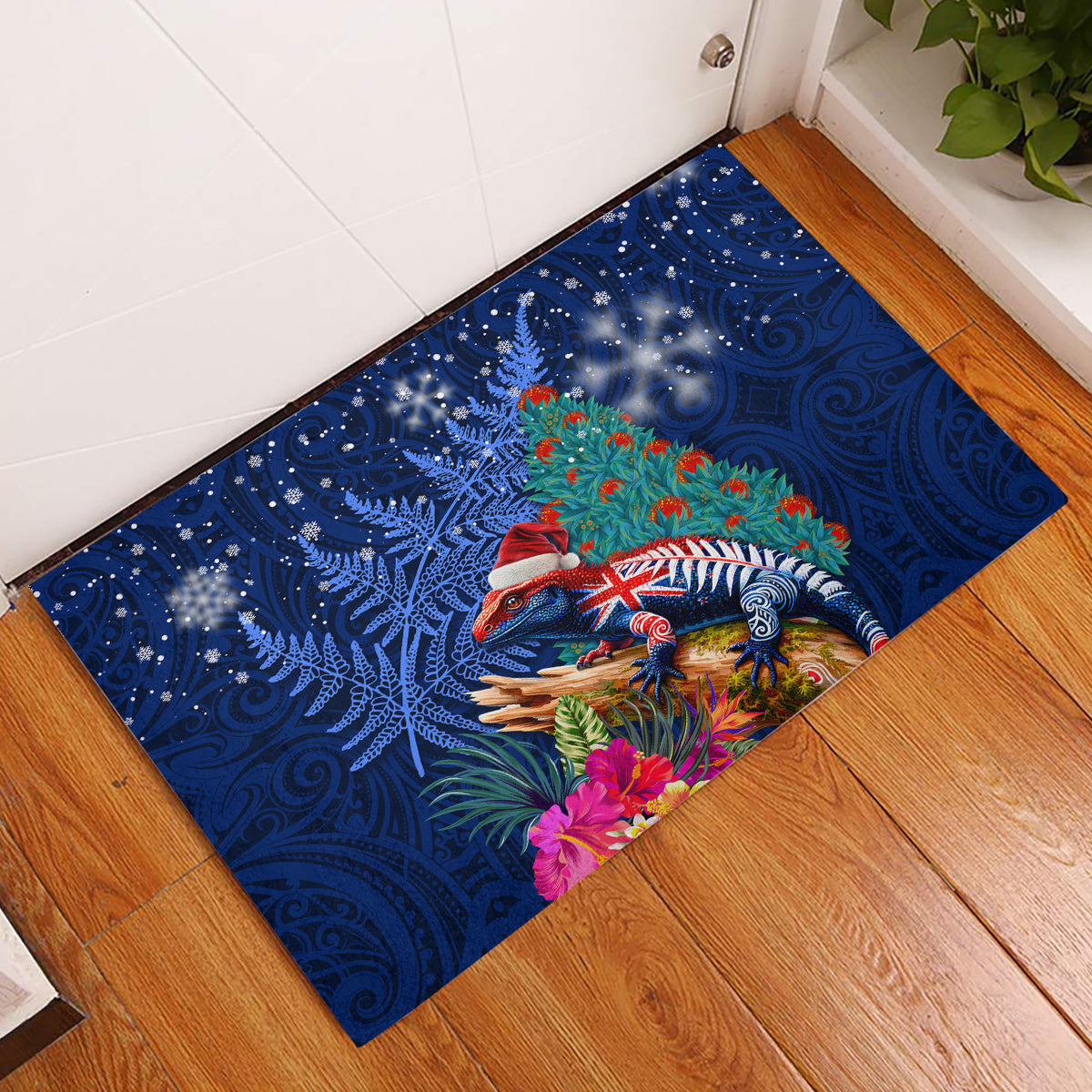 New Zealand Tuatara Christmas Rubber Doormat Silver Fern and Xmas Pohutukawa Tree Blue Color LT03 Blue - Polynesian Pride