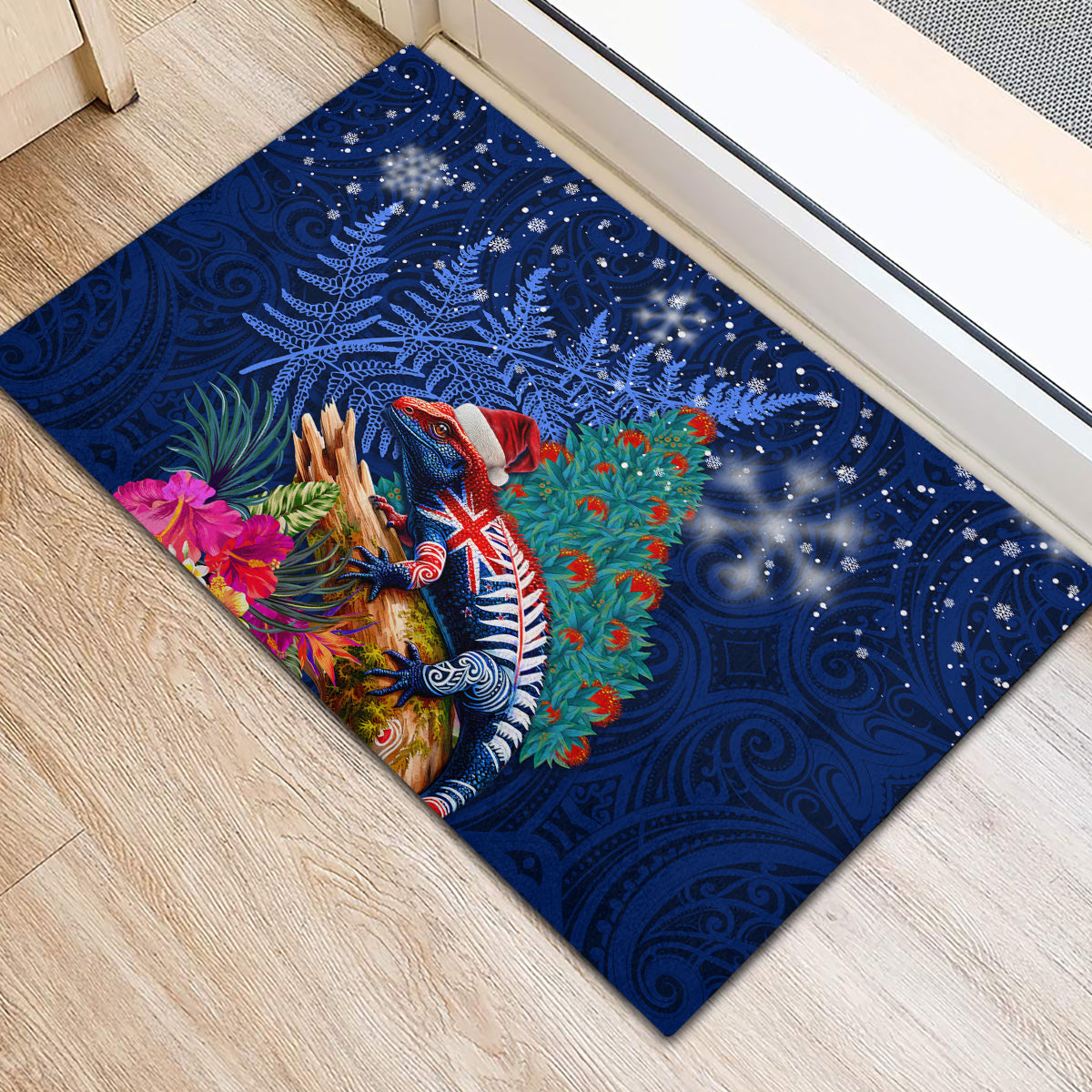 New Zealand Tuatara Christmas Rubber Doormat Silver Fern and Xmas Pohutukawa Tree Blue Color LT03 - Polynesian Pride