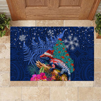 New Zealand Tuatara Christmas Rubber Doormat Silver Fern and Xmas Pohutukawa Tree Blue Color LT03 - Polynesian Pride