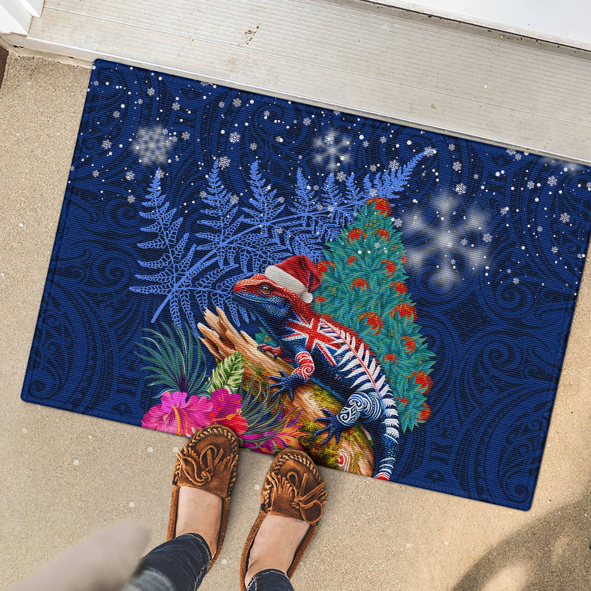 New Zealand Tuatara Christmas Rubber Doormat Silver Fern and Xmas Pohutukawa Tree Blue Color LT03 - Polynesian Pride