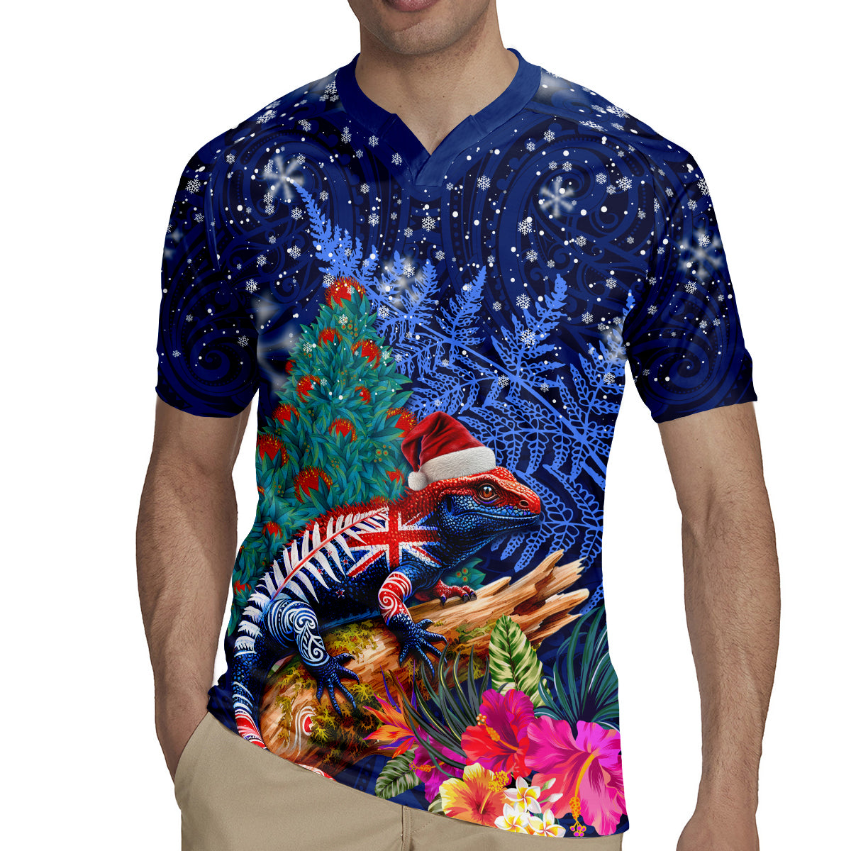 New Zealand Tuatara Christmas Rugby Jersey Silver Fern and Xmas Pohutukawa Tree Blue Color LT03 - Polynesian Pride