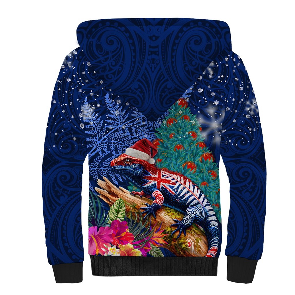 New Zealand Tuatara Christmas Sherpa Hoodie Silver Fern and Xmas Pohutukawa Tree Blue Color LT03 - Polynesian Pride