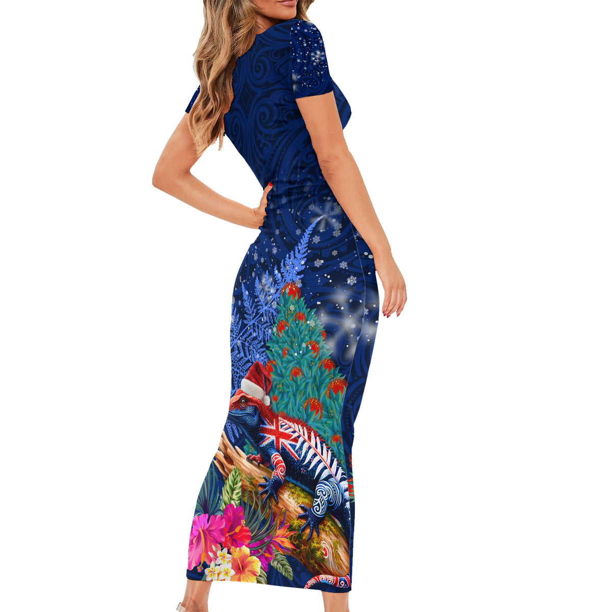 New Zealand Tuatara Christmas Short Sleeve Bodycon Dress Silver Fern and Xmas Pohutukawa Tree Blue Color LT03 - Polynesian Pride