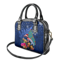 New Zealand Tuatara Christmas Shoulder Handbag Silver Fern and Xmas Pohutukawa Tree Blue Color LT03 - Polynesian Pride
