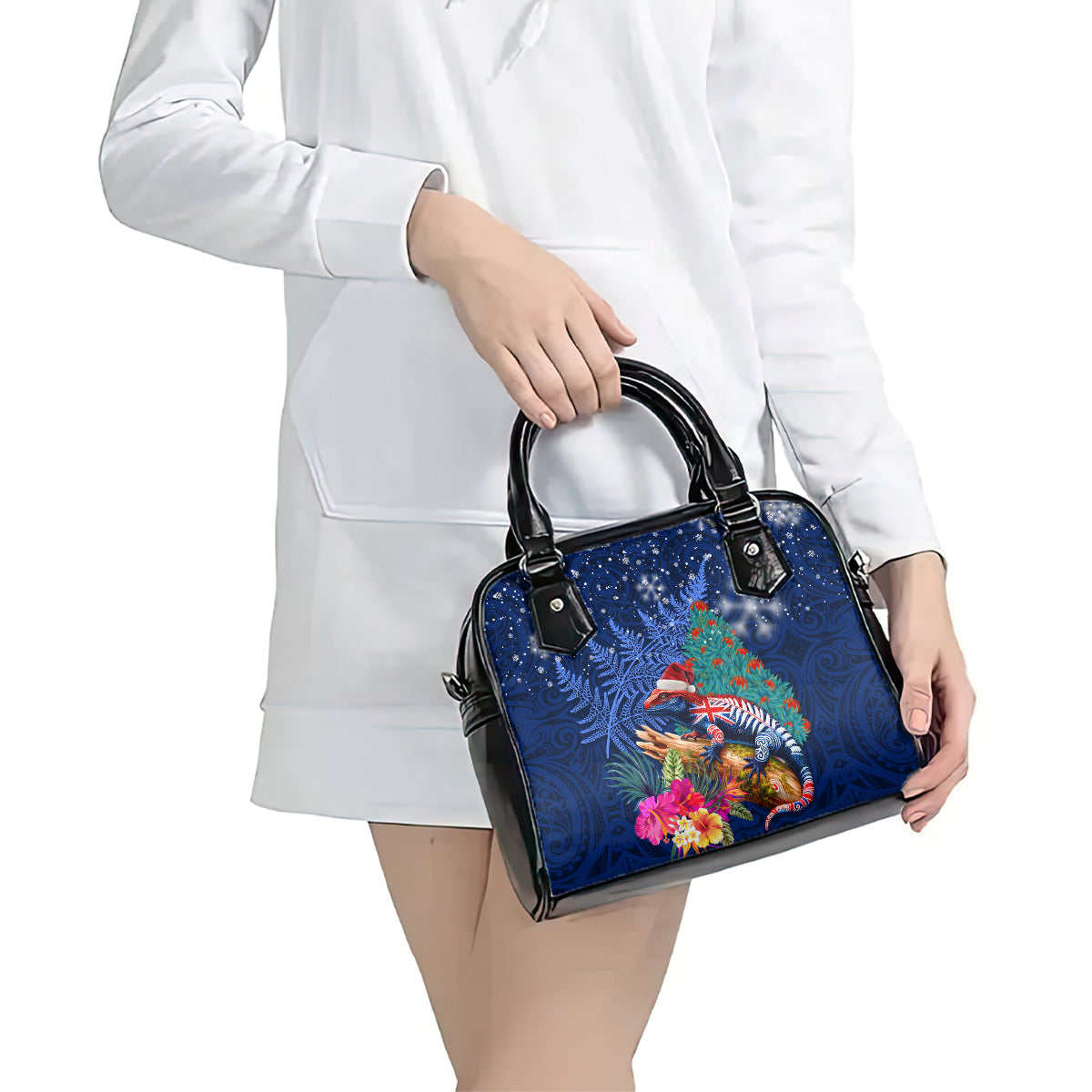 New Zealand Tuatara Christmas Shoulder Handbag Silver Fern and Xmas Pohutukawa Tree Blue Color LT03 - Polynesian Pride