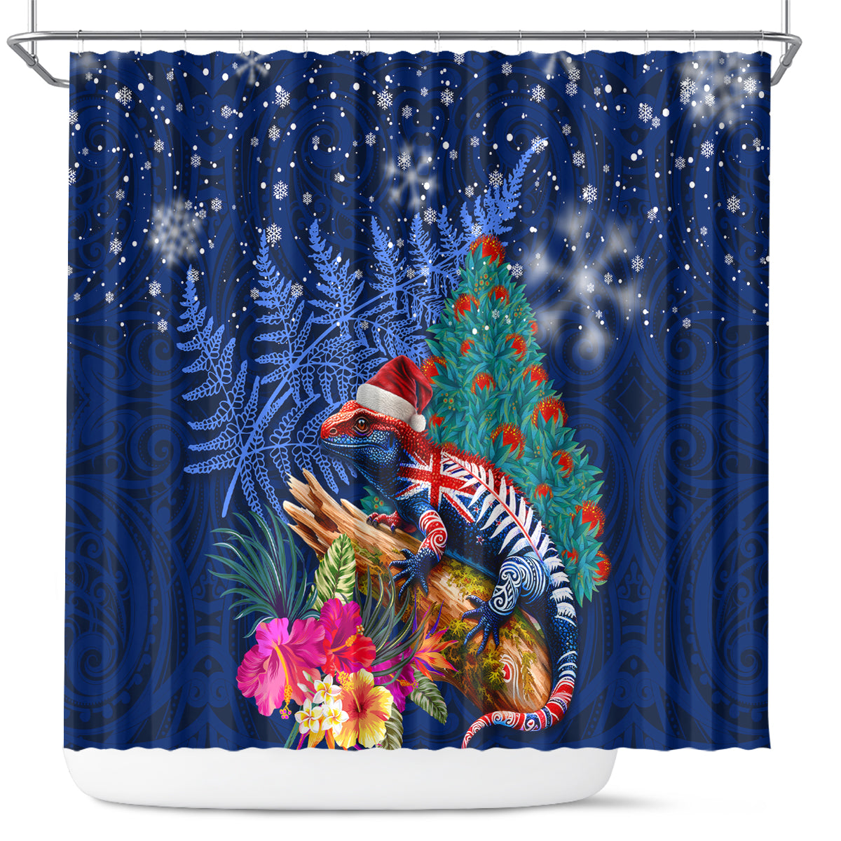 New Zealand Tuatara Christmas Shower Curtain Silver Fern and Xmas Pohutukawa Tree Blue Color LT03 Blue - Polynesian Pride