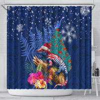 New Zealand Tuatara Christmas Shower Curtain Silver Fern and Xmas Pohutukawa Tree Blue Color LT03 - Polynesian Pride