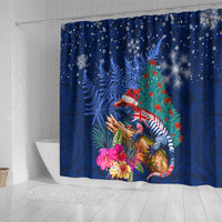 New Zealand Tuatara Christmas Shower Curtain Silver Fern and Xmas Pohutukawa Tree Blue Color LT03 - Polynesian Pride