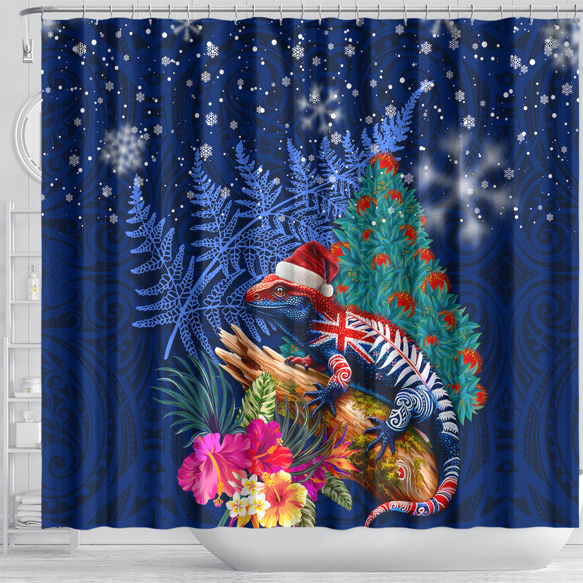 New Zealand Tuatara Christmas Shower Curtain Silver Fern and Xmas Pohutukawa Tree Blue Color LT03 - Polynesian Pride