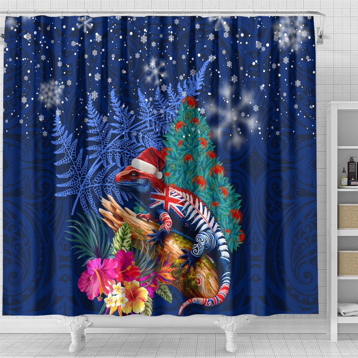 New Zealand Tuatara Christmas Shower Curtain Silver Fern and Xmas Pohutukawa Tree Blue Color LT03 - Polynesian Pride
