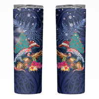 New Zealand Tuatara Christmas Skinny Tumbler Silver Fern and Xmas Pohutukawa Tree Blue Color LT03 Blue - Polynesian Pride