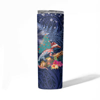 New Zealand Tuatara Christmas Skinny Tumbler Silver Fern and Xmas Pohutukawa Tree Blue Color LT03 - Polynesian Pride
