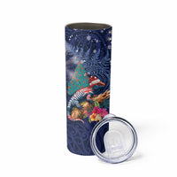 New Zealand Tuatara Christmas Skinny Tumbler Silver Fern and Xmas Pohutukawa Tree Blue Color LT03 - Polynesian Pride