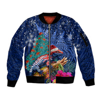 New Zealand Tuatara Christmas Sleeve Zip Bomber Jacket Silver Fern and Xmas Pohutukawa Tree Blue Color LT03 Unisex Blue - Polynesian Pride