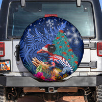 New Zealand Tuatara Christmas Spare Tire Cover Silver Fern and Xmas Pohutukawa Tree Blue Color LT03 Blue - Polynesian Pride