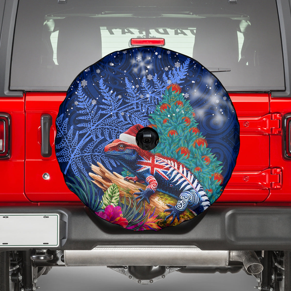 New Zealand Tuatara Christmas Spare Tire Cover Silver Fern and Xmas Pohutukawa Tree Blue Color LT03 - Polynesian Pride