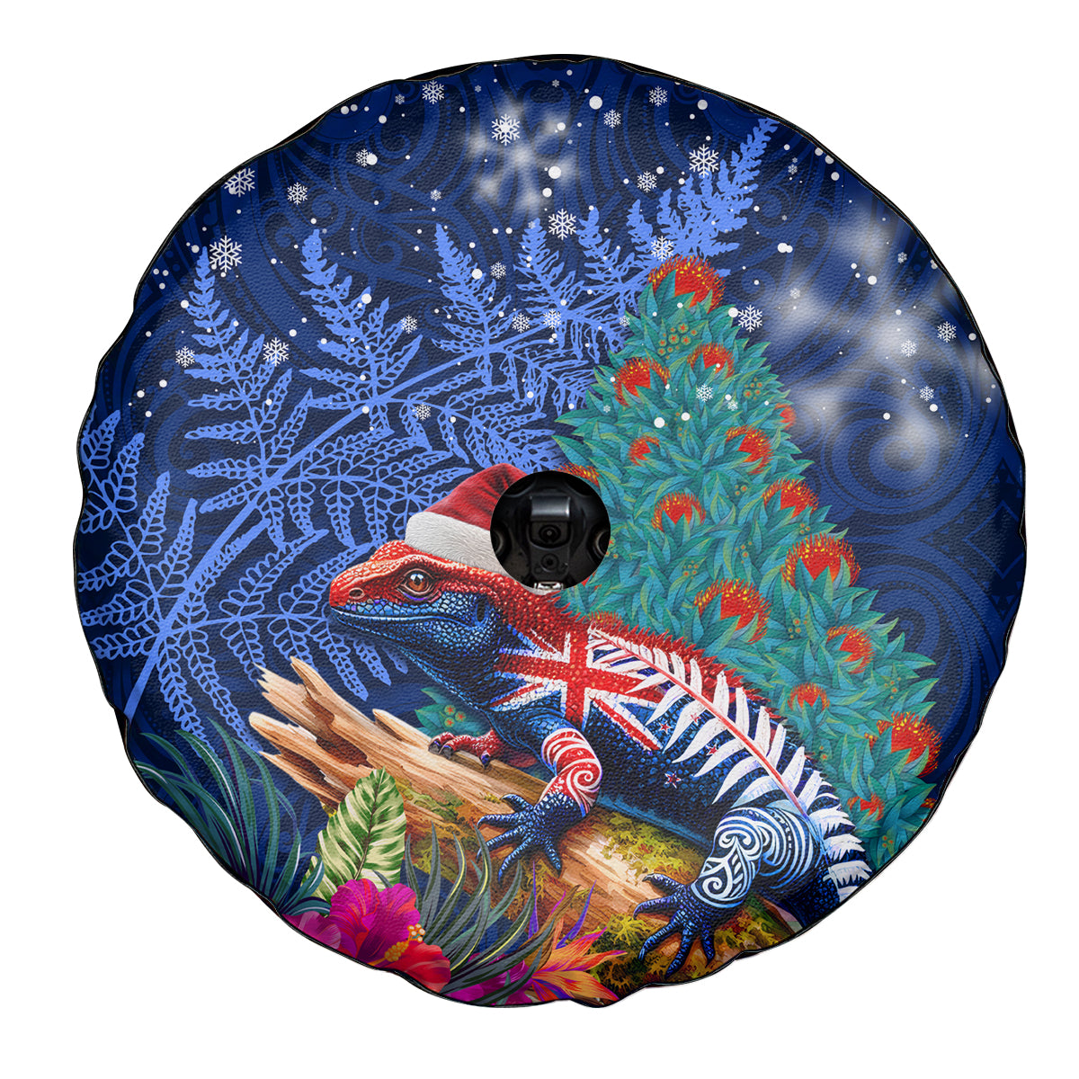 New Zealand Tuatara Christmas Spare Tire Cover Silver Fern and Xmas Pohutukawa Tree Blue Color LT03 - Polynesian Pride