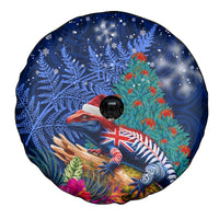 New Zealand Tuatara Christmas Spare Tire Cover Silver Fern and Xmas Pohutukawa Tree Blue Color LT03 - Polynesian Pride