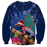 New Zealand Tuatara Christmas Sweatshirt Silver Fern and Xmas Pohutukawa Tree Blue Color LT03 - Polynesian Pride
