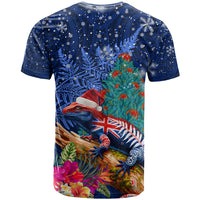 New Zealand Tuatara Christmas T Shirt Silver Fern and Xmas Pohutukawa Tree Blue Color LT03 - Polynesian Pride
