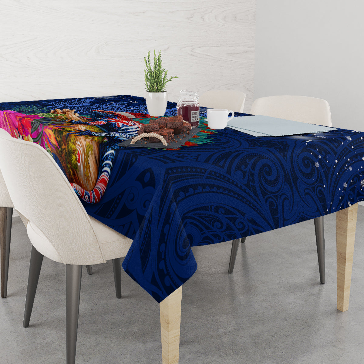 New Zealand Tuatara Christmas Tablecloth Silver Fern and Xmas Pohutukawa Tree Blue Color LT03 - Polynesian Pride
