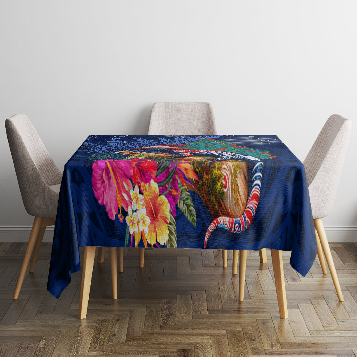 New Zealand Tuatara Christmas Tablecloth Silver Fern and Xmas Pohutukawa Tree Blue Color LT03 - Polynesian Pride