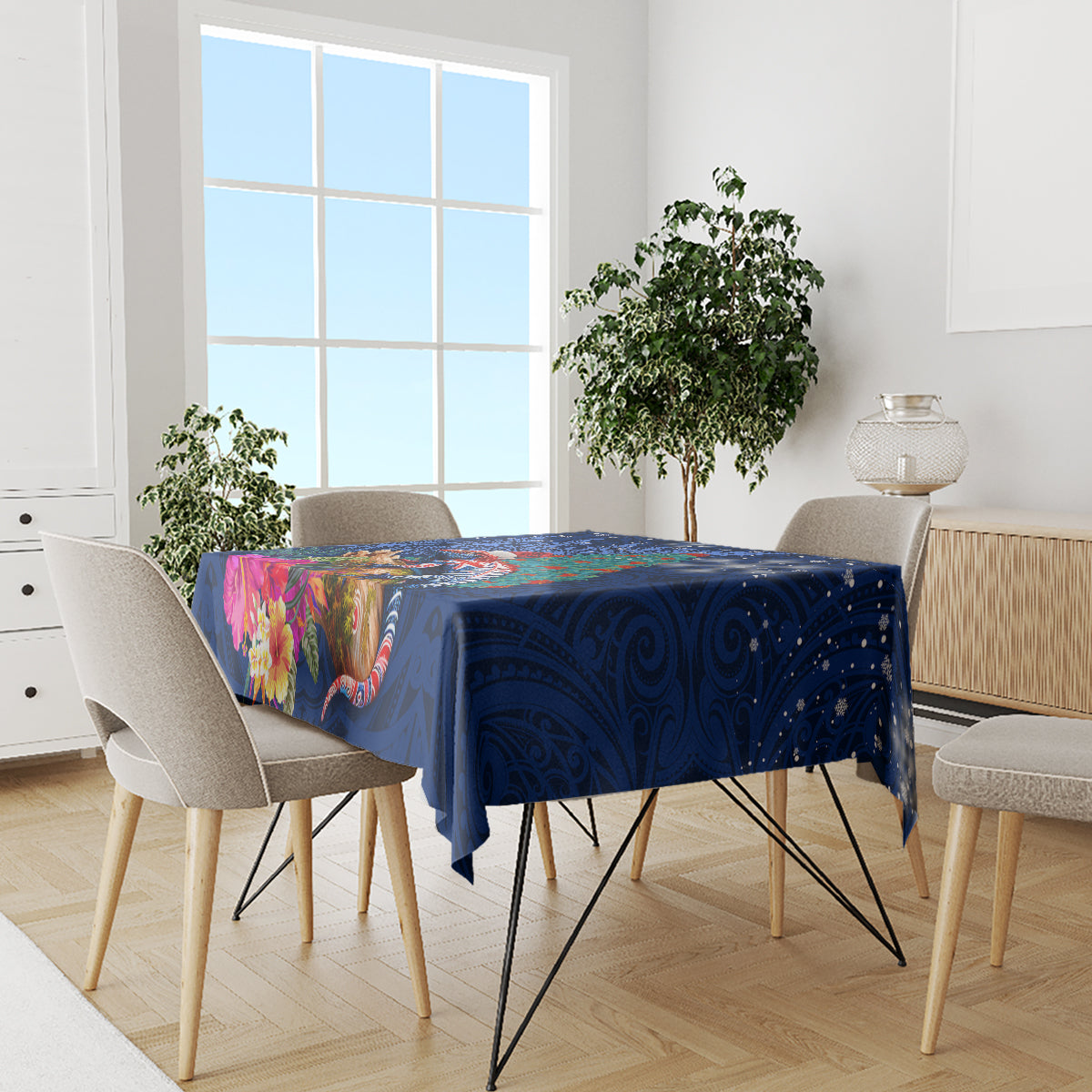 New Zealand Tuatara Christmas Tablecloth Silver Fern and Xmas Pohutukawa Tree Blue Color LT03 - Polynesian Pride