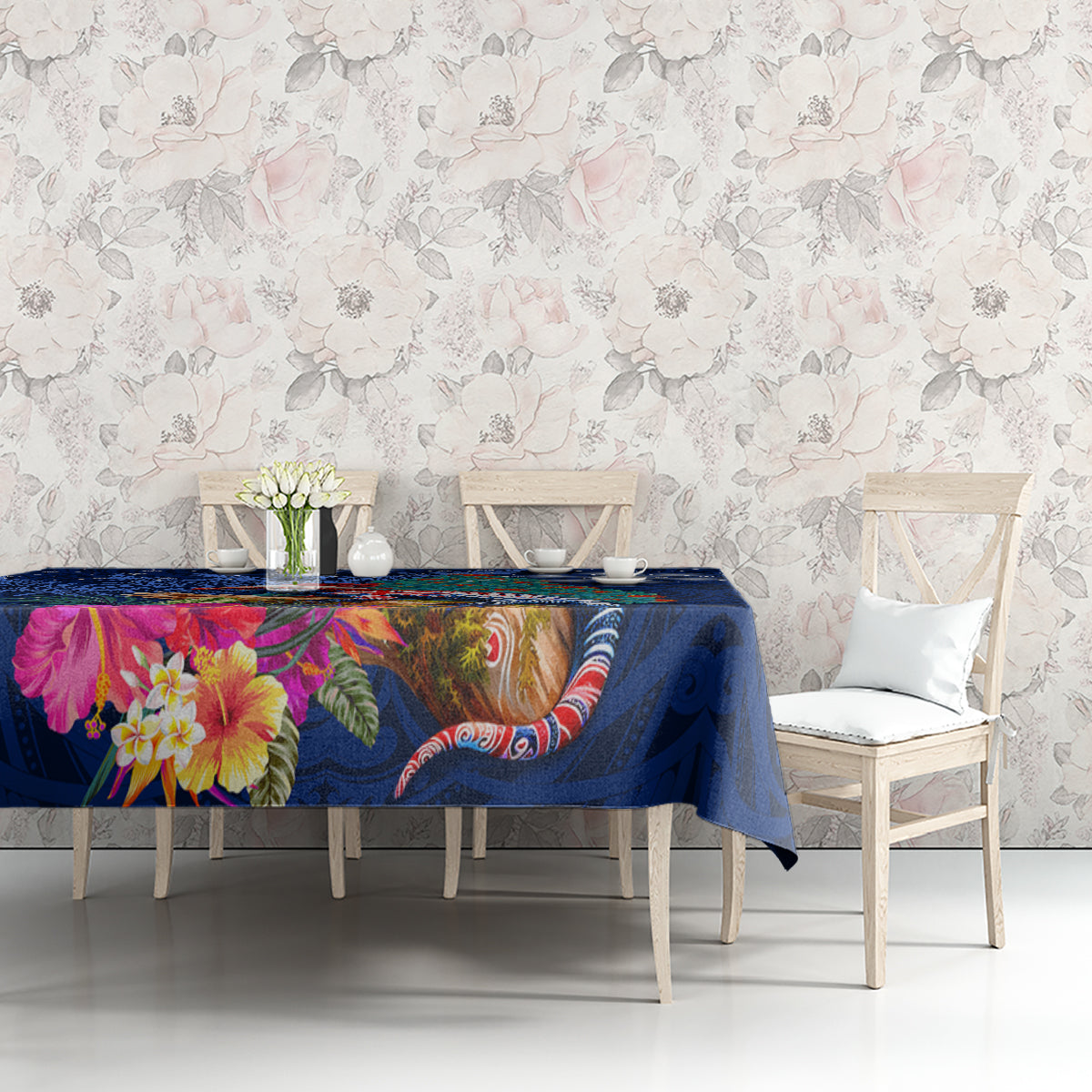New Zealand Tuatara Christmas Tablecloth Silver Fern and Xmas Pohutukawa Tree Blue Color LT03 - Polynesian Pride