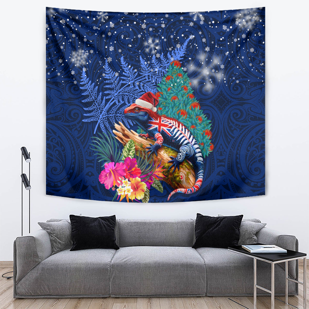 New Zealand Tuatara Christmas Tapestry Silver Fern and Xmas Pohutukawa Tree Blue Color LT03 Blue - Polynesian Pride