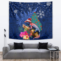 New Zealand Tuatara Christmas Tapestry Silver Fern and Xmas Pohutukawa Tree Blue Color LT03 Blue - Polynesian Pride