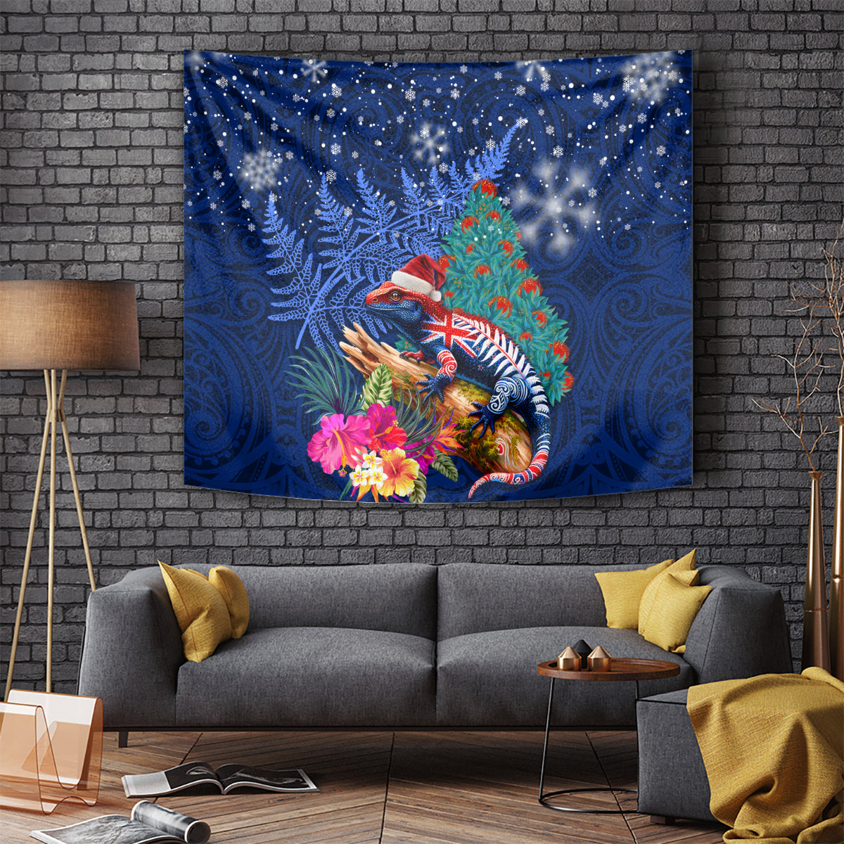 New Zealand Tuatara Christmas Tapestry Silver Fern and Xmas Pohutukawa Tree Blue Color LT03 - Polynesian Pride