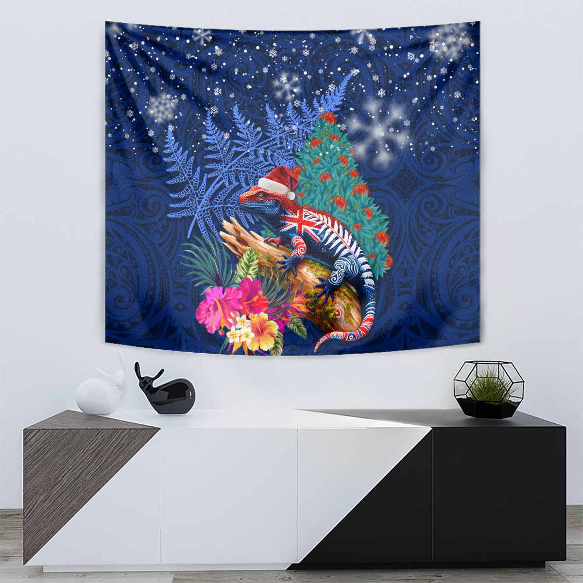 New Zealand Tuatara Christmas Tapestry Silver Fern and Xmas Pohutukawa Tree Blue Color LT03 - Polynesian Pride