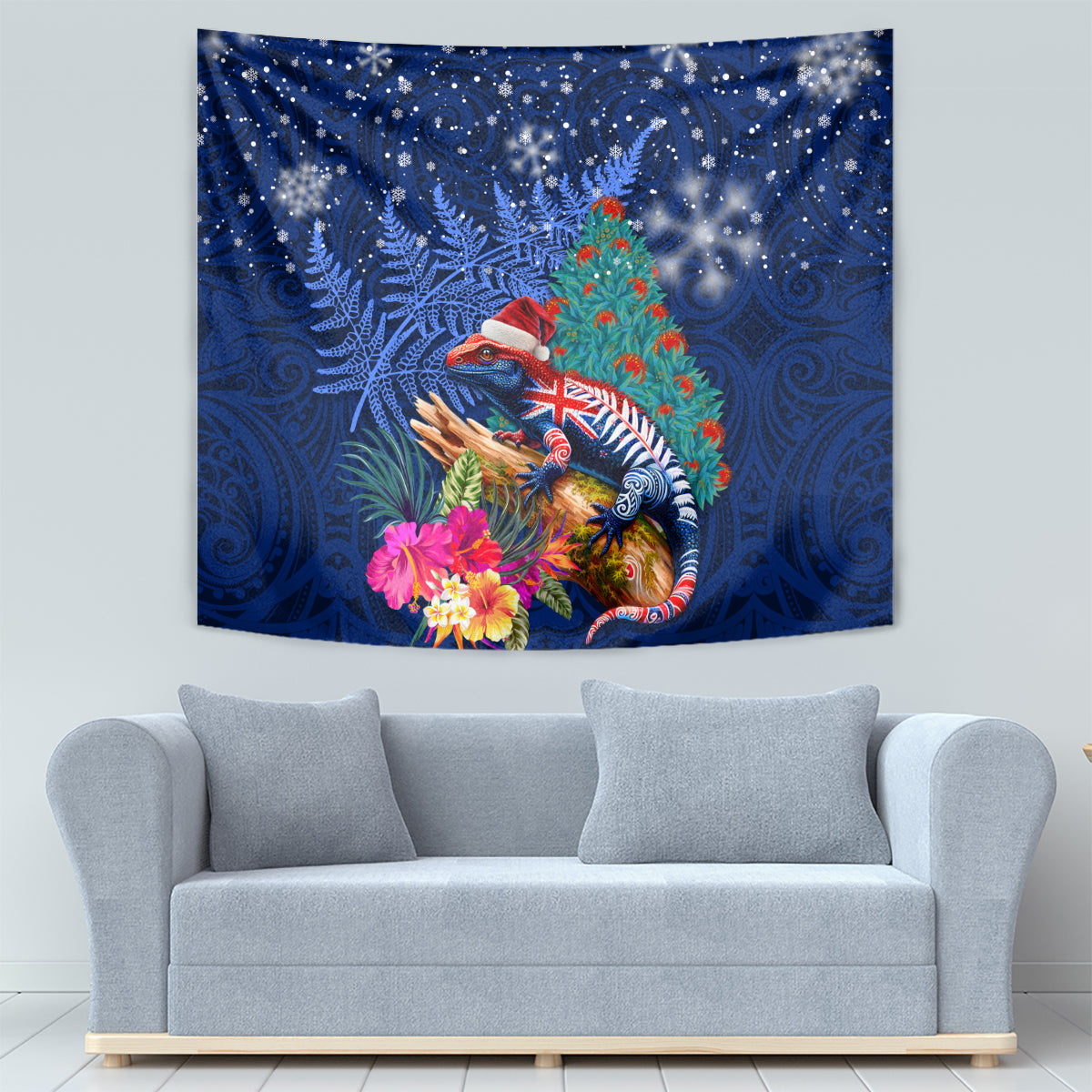New Zealand Tuatara Christmas Tapestry Silver Fern and Xmas Pohutukawa Tree Blue Color LT03 - Polynesian Pride