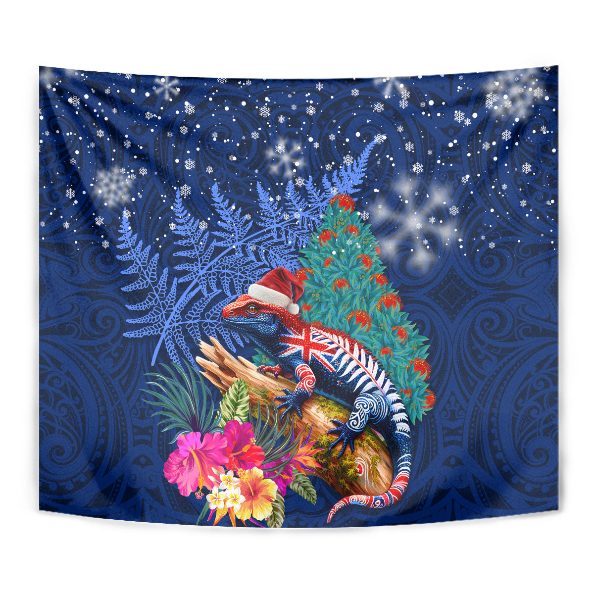 New Zealand Tuatara Christmas Tapestry Silver Fern and Xmas Pohutukawa Tree Blue Color LT03 - Polynesian Pride