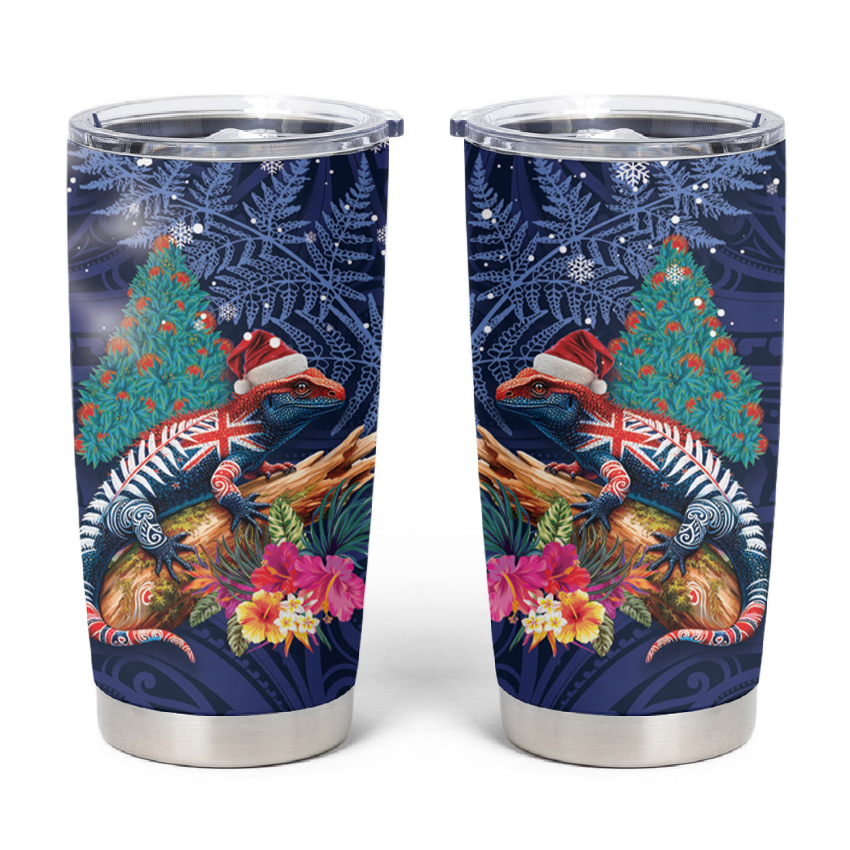 New Zealand Tuatara Christmas Tumbler Cup Silver Fern and Xmas Pohutukawa Tree Blue Color LT03 Blue - Polynesian Pride