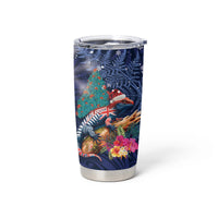 New Zealand Tuatara Christmas Tumbler Cup Silver Fern and Xmas Pohutukawa Tree Blue Color LT03 - Polynesian Pride