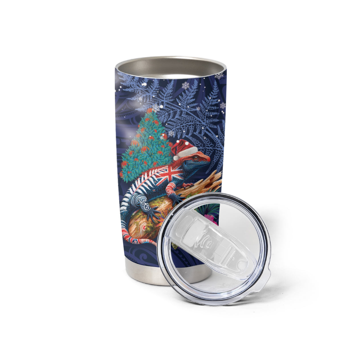 New Zealand Tuatara Christmas Tumbler Cup Silver Fern and Xmas Pohutukawa Tree Blue Color LT03 - Polynesian Pride
