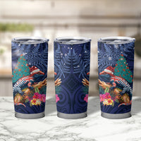 New Zealand Tuatara Christmas Tumbler Cup Silver Fern and Xmas Pohutukawa Tree Blue Color LT03 - Polynesian Pride