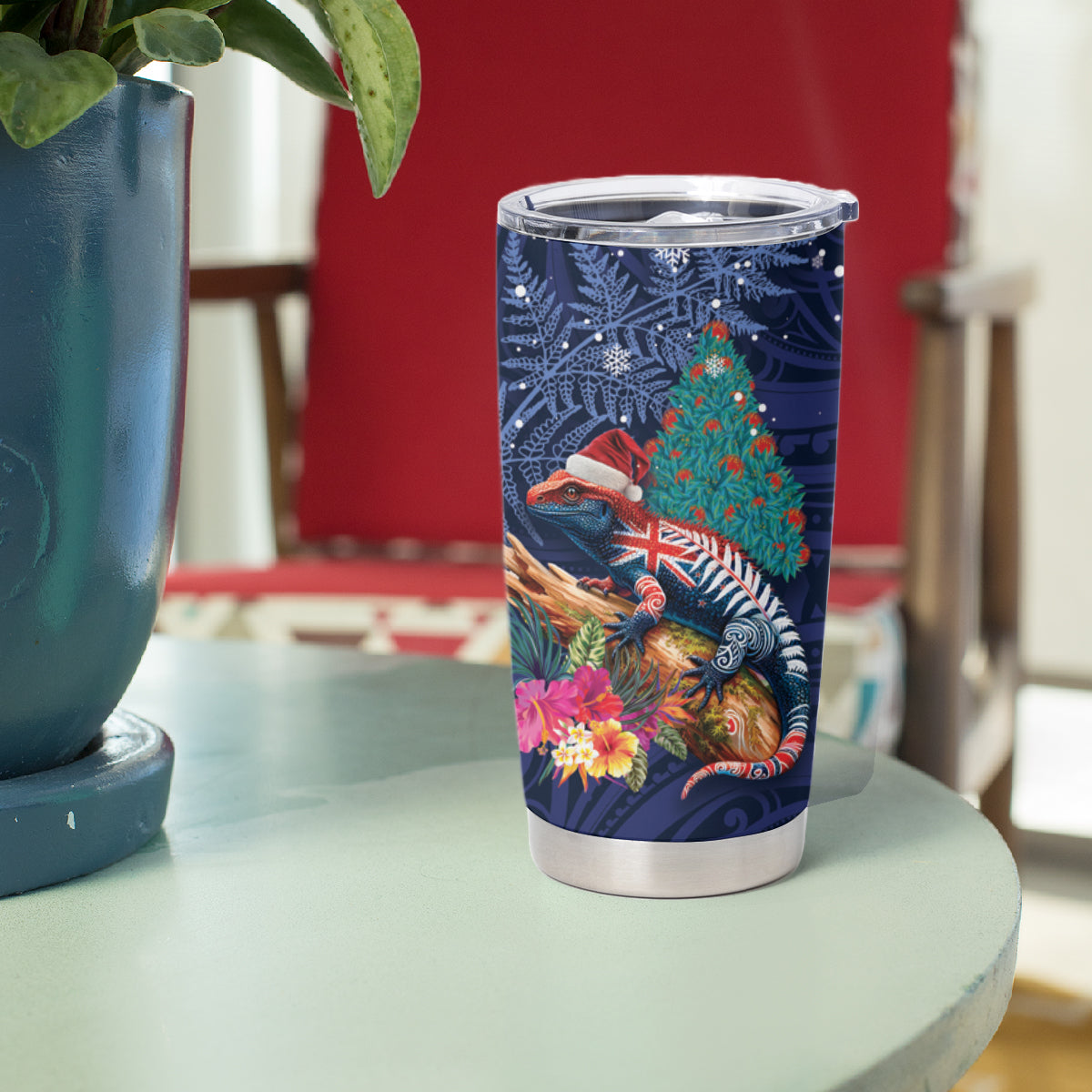 New Zealand Tuatara Christmas Tumbler Cup Silver Fern and Xmas Pohutukawa Tree Blue Color LT03 - Polynesian Pride