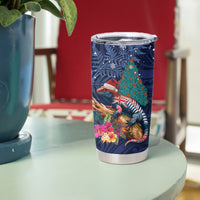 New Zealand Tuatara Christmas Tumbler Cup Silver Fern and Xmas Pohutukawa Tree Blue Color LT03 - Polynesian Pride