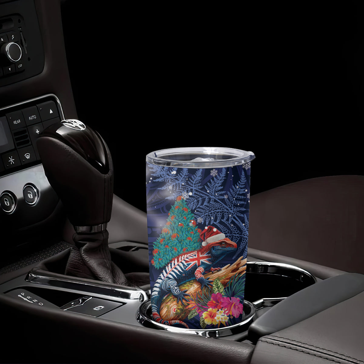 New Zealand Tuatara Christmas Tumbler Cup Silver Fern and Xmas Pohutukawa Tree Blue Color LT03 - Polynesian Pride