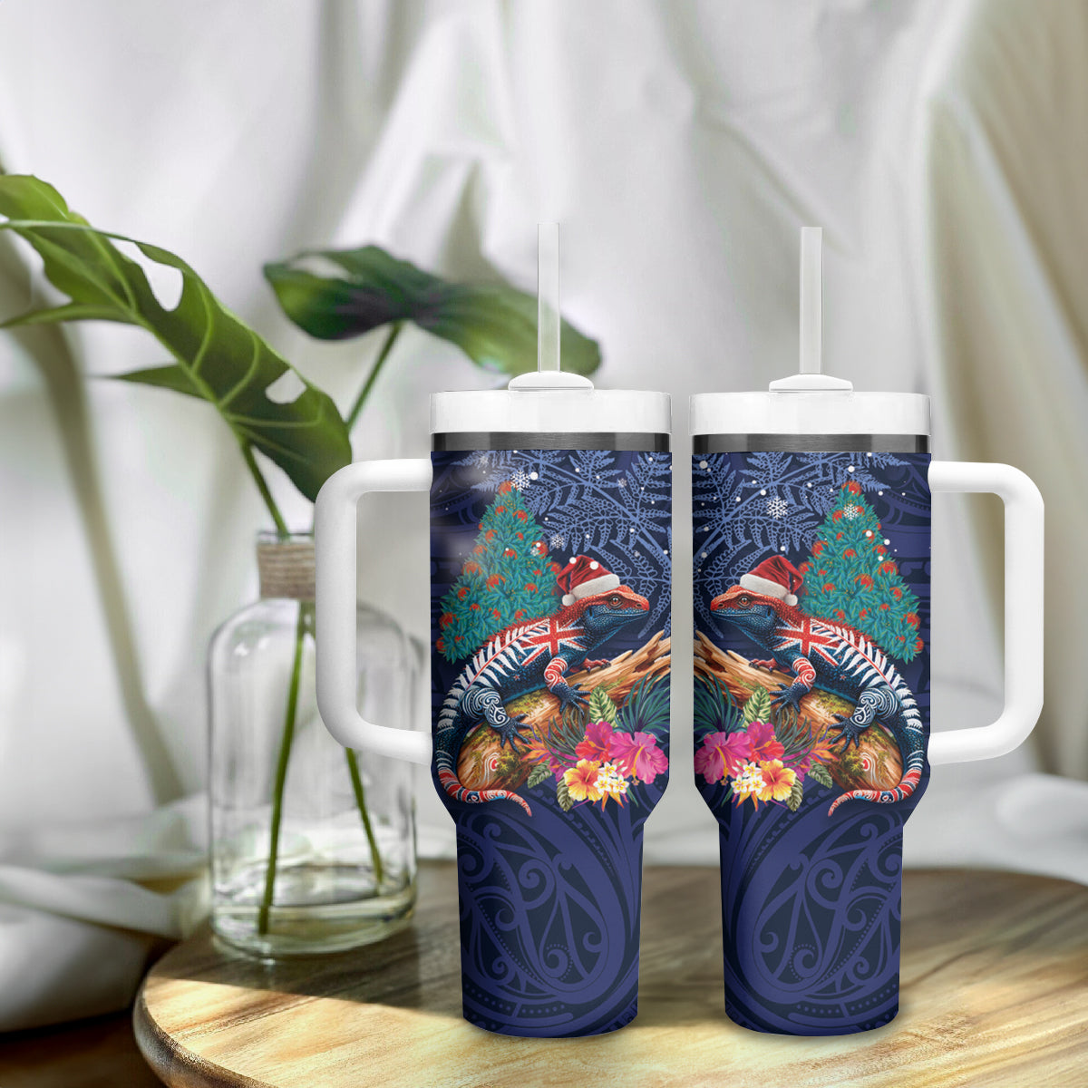 New Zealand Tuatara Christmas Tumbler With Handle Silver Fern and Xmas Pohutukawa Tree Blue Color LT03 - Polynesian Pride