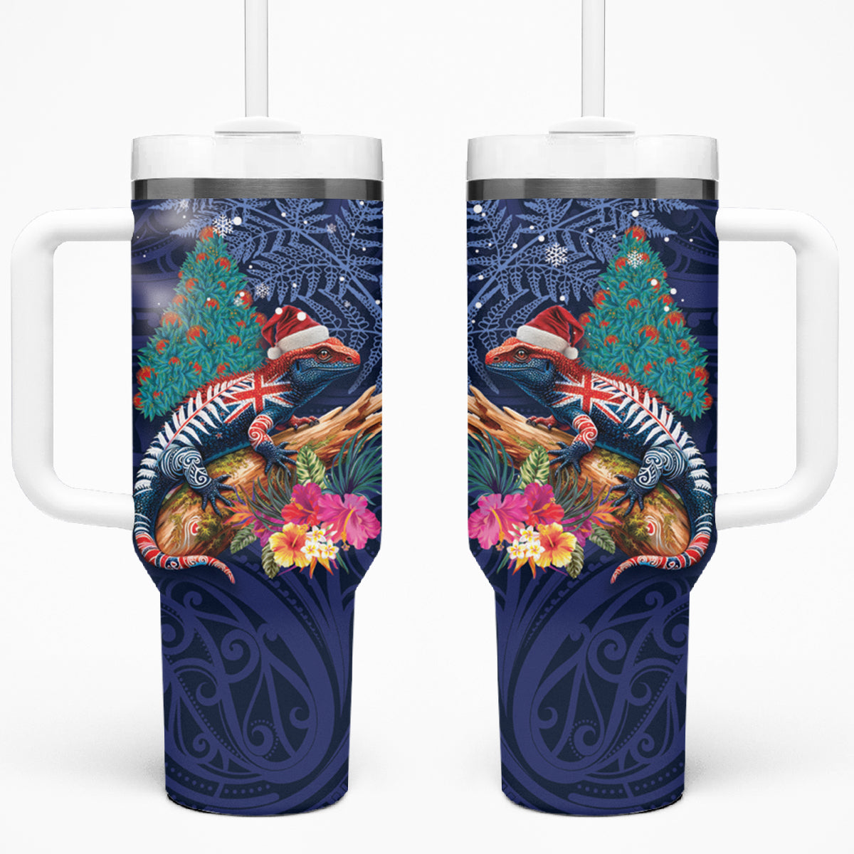 New Zealand Tuatara Christmas Tumbler With Handle Silver Fern and Xmas Pohutukawa Tree Blue Color LT03 One Size: 40 oz Blue - Polynesian Pride