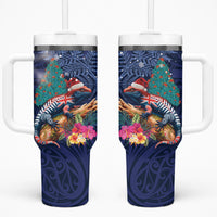 New Zealand Tuatara Christmas Tumbler With Handle Silver Fern and Xmas Pohutukawa Tree Blue Color LT03 One Size: 40 oz Blue - Polynesian Pride