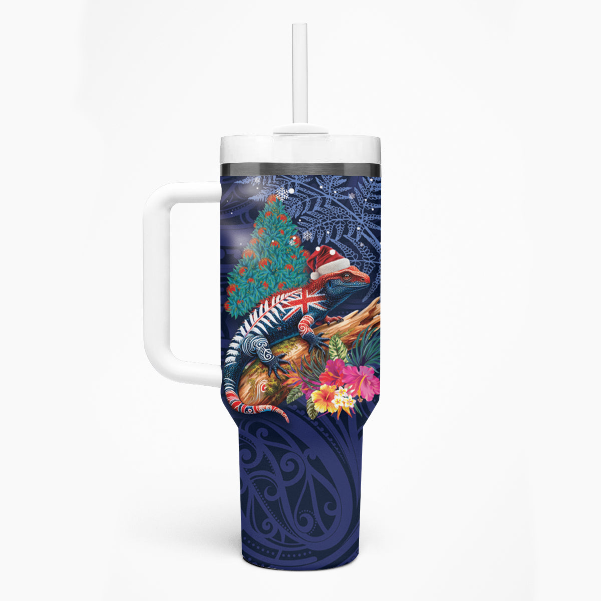 New Zealand Tuatara Christmas Tumbler With Handle Silver Fern and Xmas Pohutukawa Tree Blue Color LT03 - Polynesian Pride