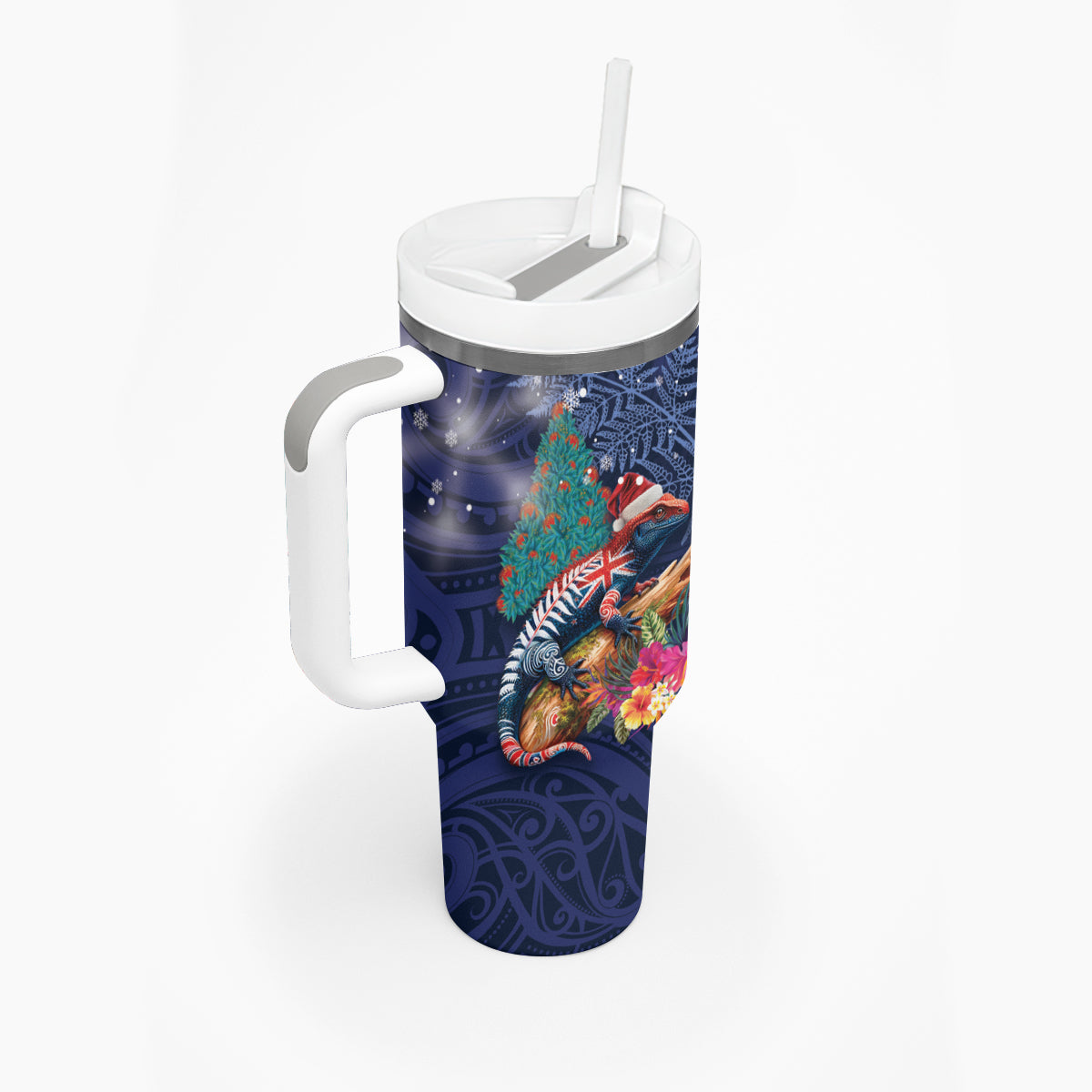 New Zealand Tuatara Christmas Tumbler With Handle Silver Fern and Xmas Pohutukawa Tree Blue Color LT03 - Polynesian Pride