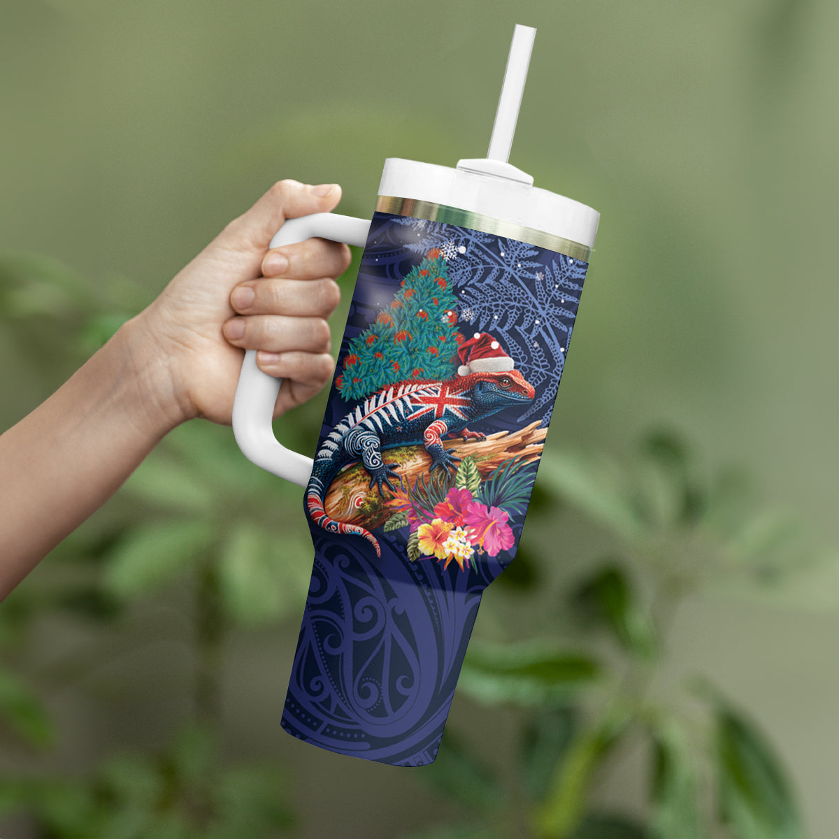 New Zealand Tuatara Christmas Tumbler With Handle Silver Fern and Xmas Pohutukawa Tree Blue Color LT03 - Polynesian Pride
