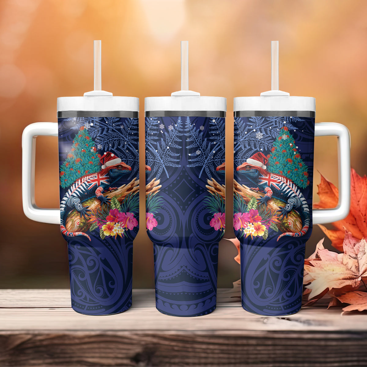 New Zealand Tuatara Christmas Tumbler With Handle Silver Fern and Xmas Pohutukawa Tree Blue Color LT03 - Polynesian Pride